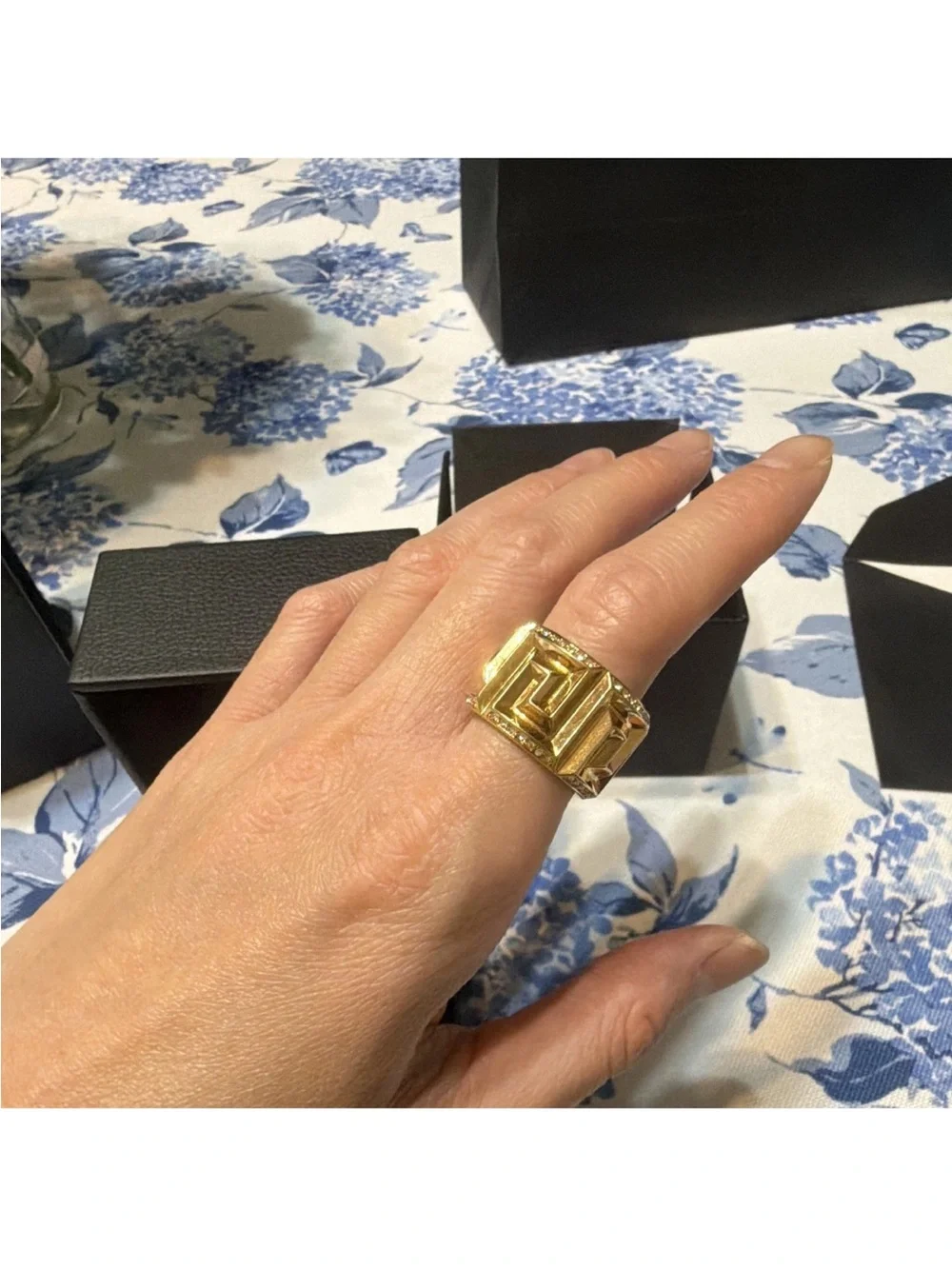 VERSACE Gold Tone Clear Crystal Geometric Band Ring w/box